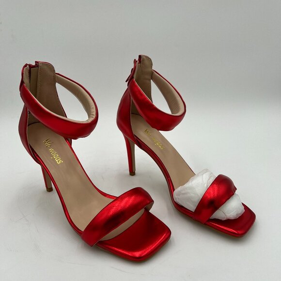 Red Women’s Ankle Strap Sandals High Heel Zippers Square Toe Shoes Prom Shopping - Picture 2 of 6